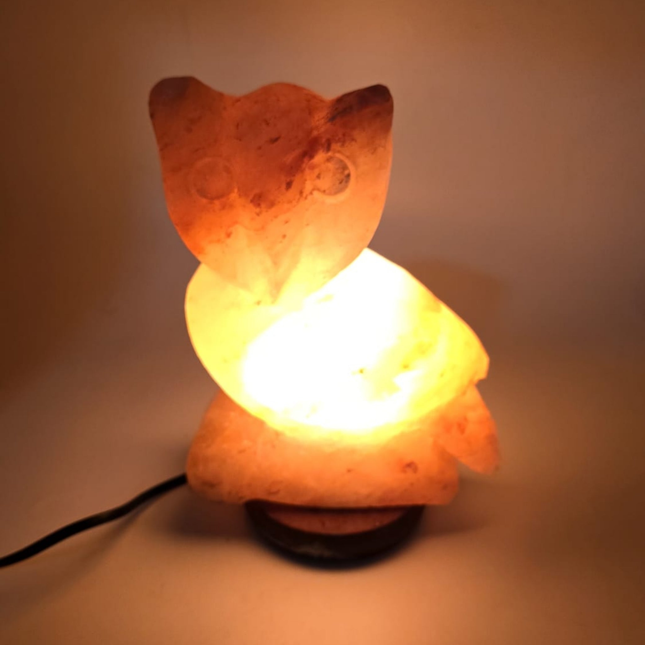 Hand-carved Himalayan salt owl lamp glowing warm amber