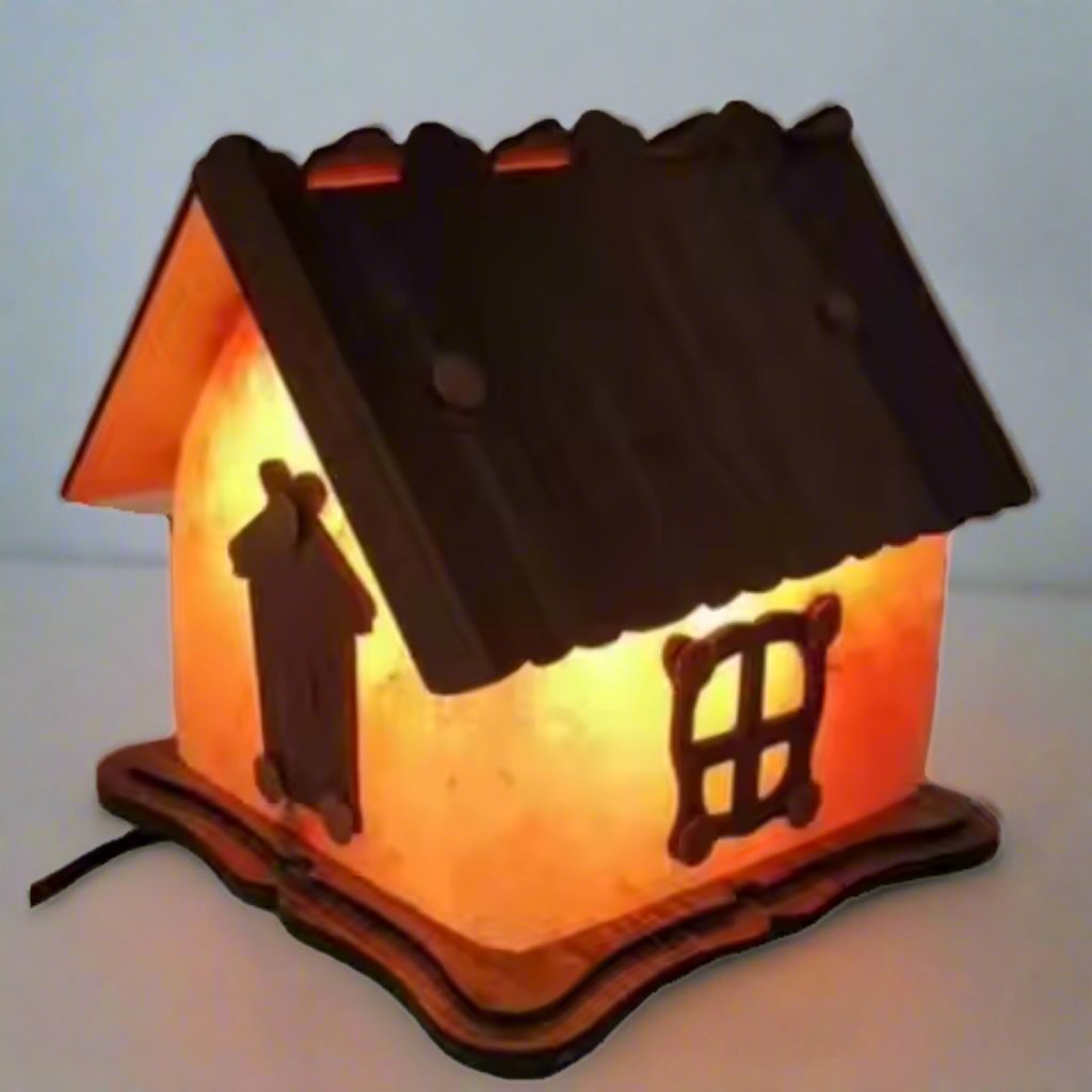 Timber-framed Himalayan salt hut lamp glowing warm