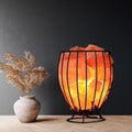 Metal basket Himalayan salt lamp glowing warm