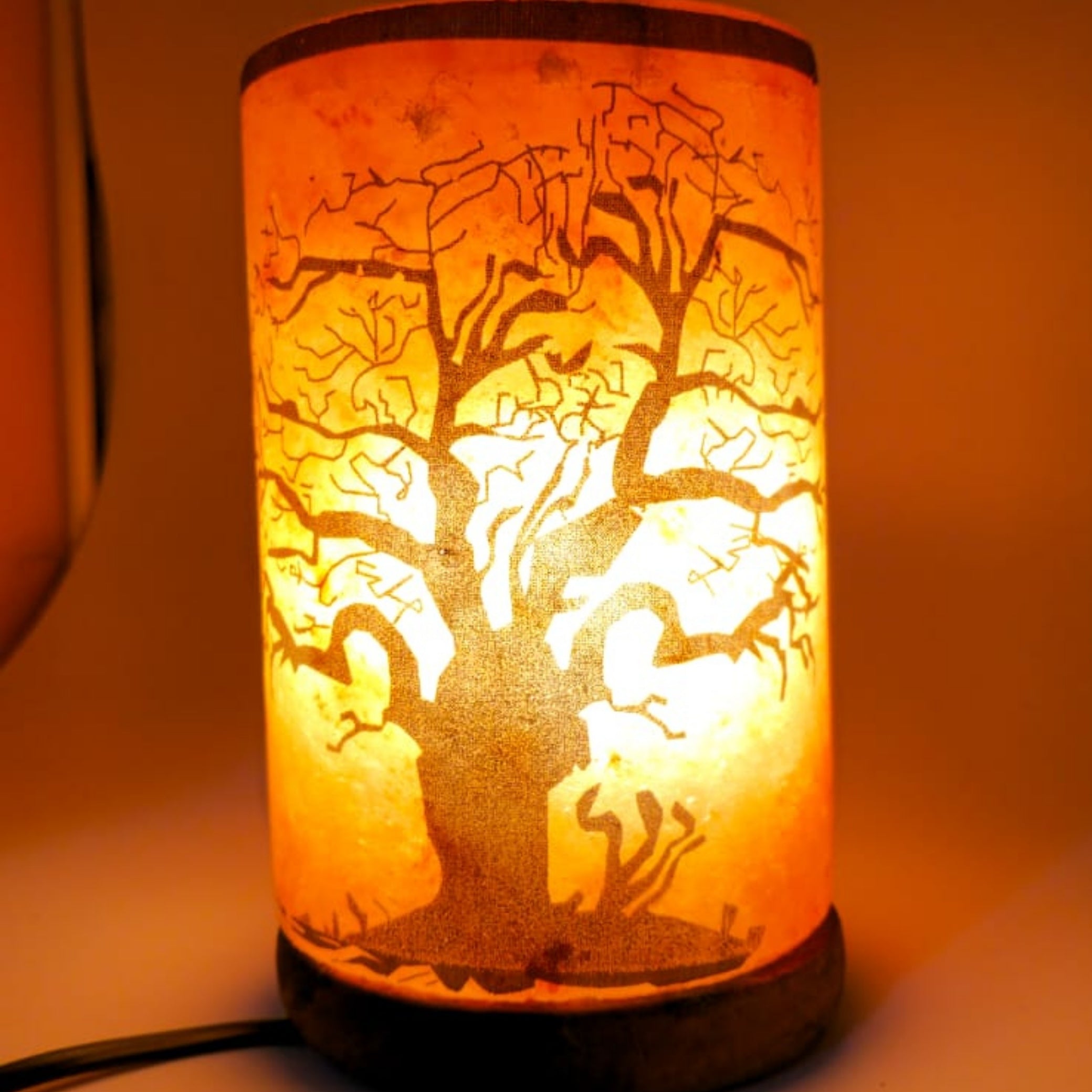 Printed Himalayan salt cylinder lamp glowing warm