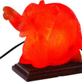 Hand-carved Himalayan salt elephant lamp glowing warm on a wooden base