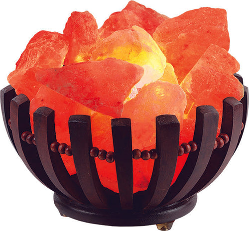 Wooden bowl basket Himalayan salt lamp with glowing chunks