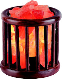 Wooden cylinder basket Himalayan salt lamp with glowing chunks