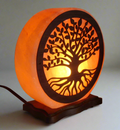 Engraved Himalayan salt tree plate lamp glowing warm