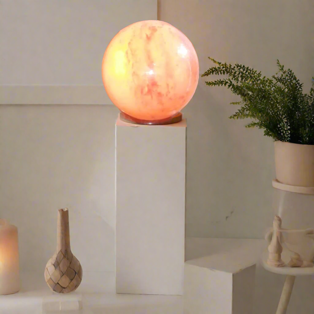 Himalayan salt sphere lamp raised on a tall stand