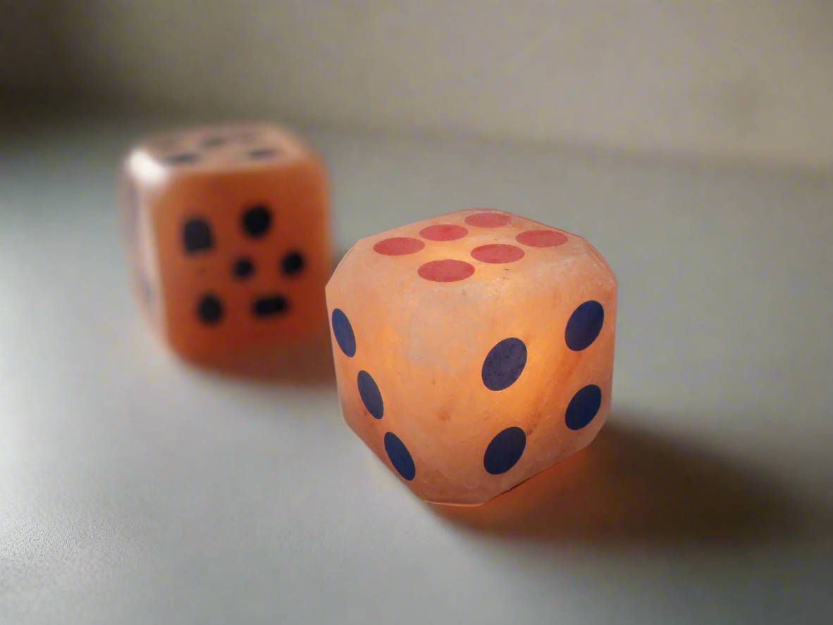 Printed Himalayan salt dice lamps with coloured pips