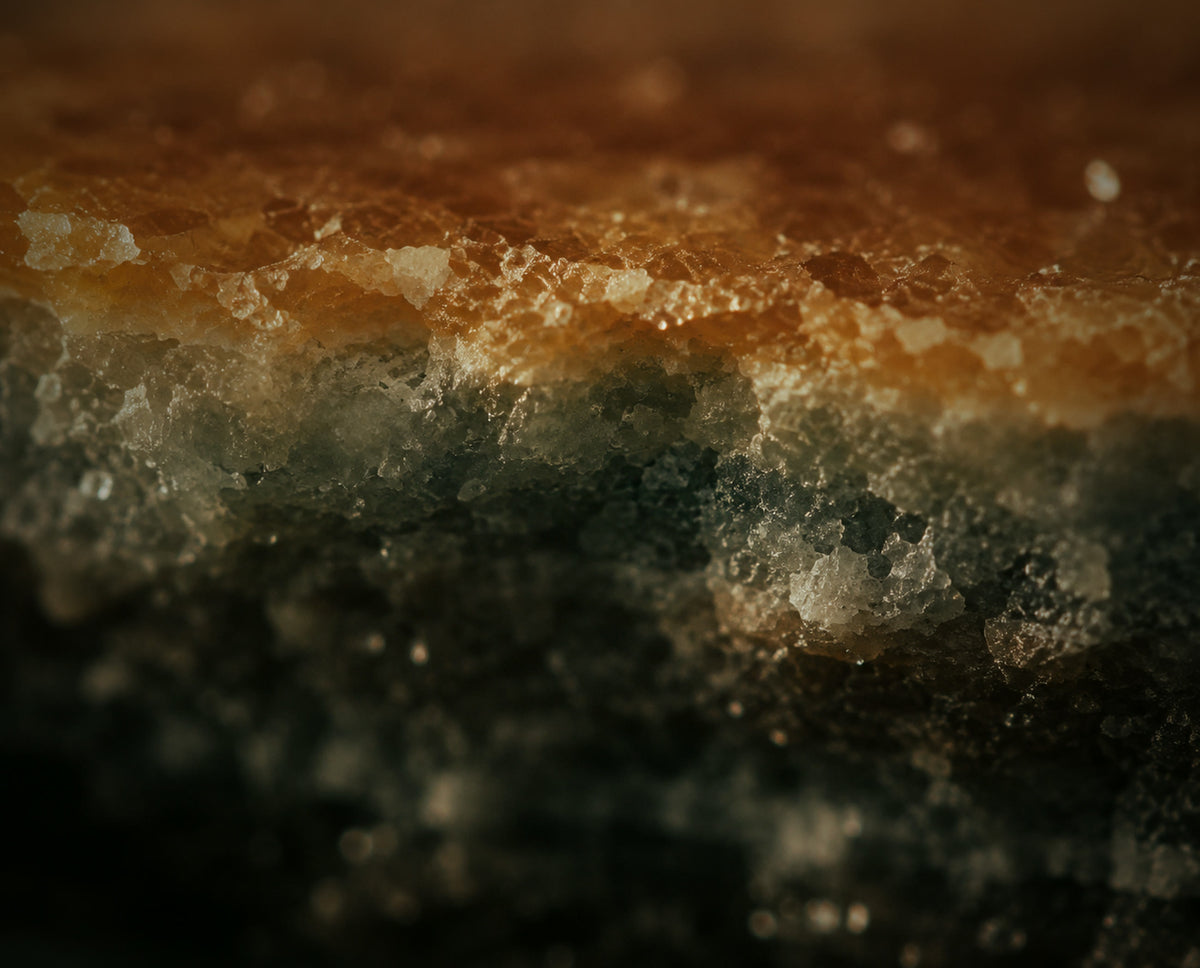 Close detail of a cut salt block, banded amber and grey