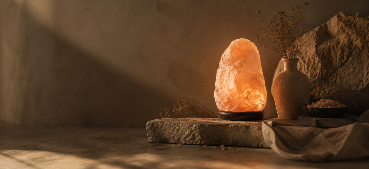 A lit Himalayan salt lamp glowing warm amber on a stone slab, with linen and dried botanicals