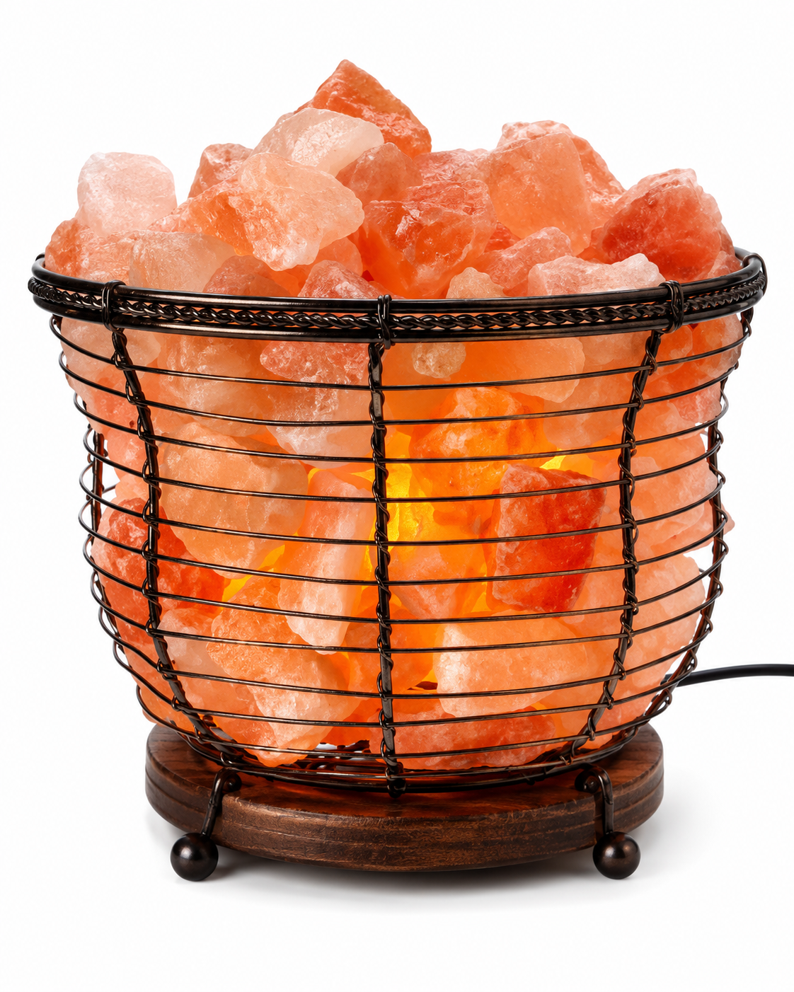 Round Basket Salt Lamp with Wooden Base (7lbs)